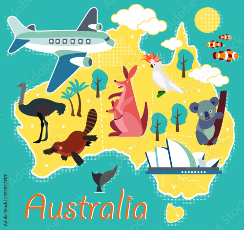 Animal Cartoon Map. Australia for Children and Kids. Vector Illustration.
