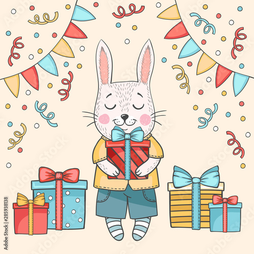 Birthday cartoon greeting card with rabbit and gift boxes. Colorful party background