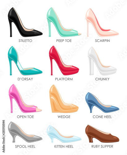 Valokuva Set of different types of female high heeled, platform, wedge, stiletto shoes