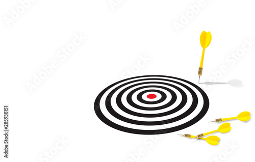 Yellow dart miss out the target with many darts lay down on the white floor, do not miss the best oppotunity concept, great oppotunity do not come everyday do your best concept photo