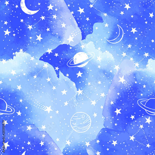 Seamless blue sky pattern with white constellations, stars and watercolor clouds