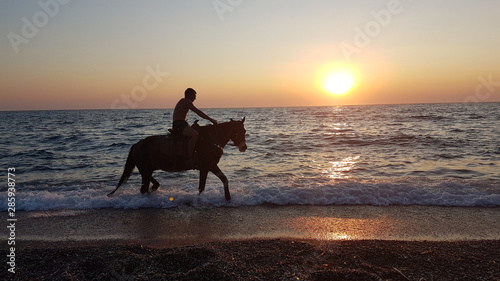 horse ridding in sunset time by the sea preveza greece