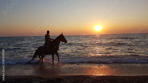 horse ridding in sunset time by the sea preveza greece