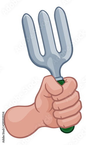A gardener or farmer cartoon hand in a fist holding a garden fork