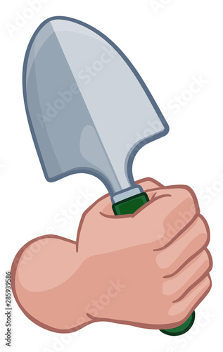 A gardener or farmer cartoon hand in a fist holding a garden spade