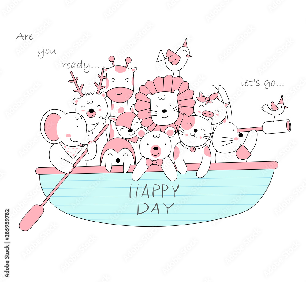Obraz premium The cute baby animal with boat. Cartoon sketch animal style