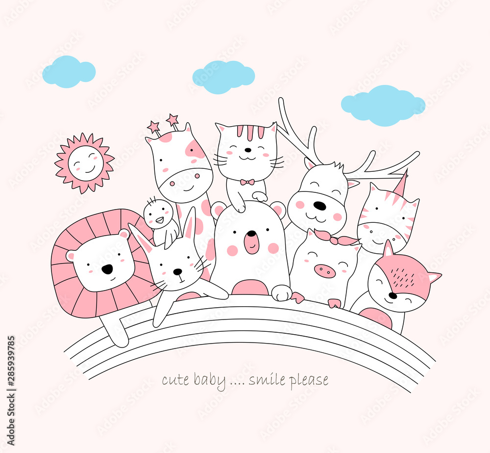 Obraz premium The cute baby animal and rainbow. Cartoon sketch animal style