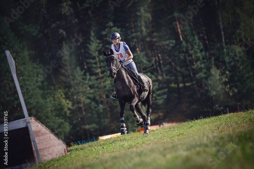 portrait of woman rider and black sport horse galloping energetically to obstacle for jumping during eventing competition