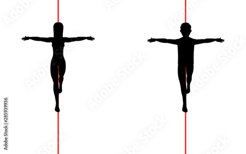 Man and woman tightrope walkers, silhouette art image, vector illustration isolated on white background