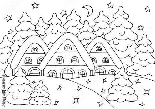 Houses in the winter forest - coloring page
