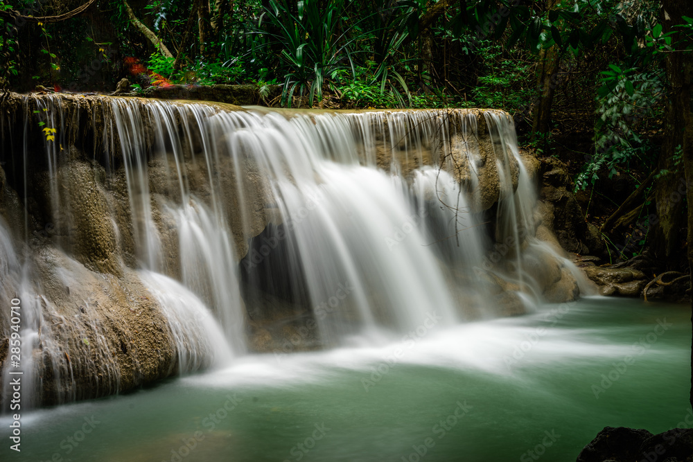 Huai Mae Khamin Waterfall at deep tropical rainforest in Srinakarin dam, national park in Thailand