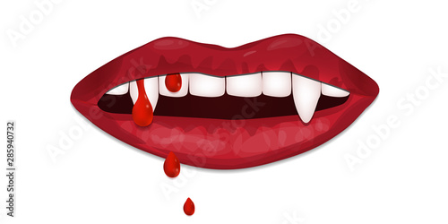 Vampire mouth isolated on white background. Red lips woman with drops of blood. Vector
