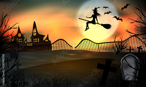 Halloween background glow. Young witch flying on a broomstick on the background of a full moon over the graveyard with tombstones. Vector