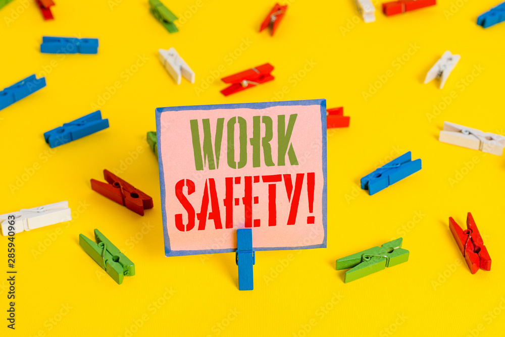 Word writing text Work Safety. Business photo showcasing policies and procedures in place to ensure health of employees Colored clothespin papers empty reminder yellow floor background office Word writing text Work Safety. Business photo showcasing policies and procedures in place to ensure health of employees Colored clothespin papers empty reminder yellow floor background office