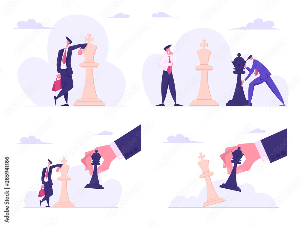 Business Strategy Plan, Businessman Characters Playing Chess. Strategic and Tactic Game for Leadership Growth. Planning and Management Thinking, Competition Concept. Cartoon Flat Vector Illustration