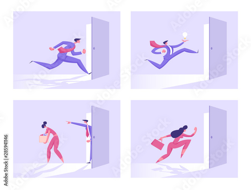 Business Man and Woman in Formal Suit Running to Open Door Entrance, Girl Employee Fired From Job. Businesspeople Creative Idea, Opportunity Success Right Solution Cartoon Flat Vector Illustration