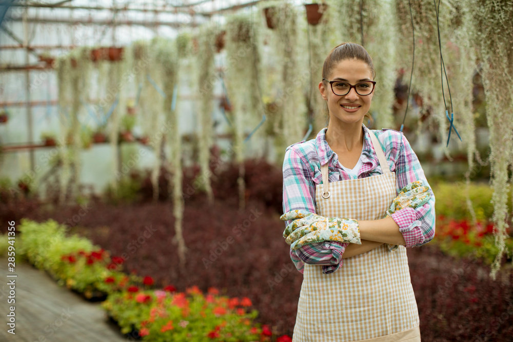 Pretty young woman working with spring flowers in the greenhouse Pretty young woman working with spring flowers in the greenhouse