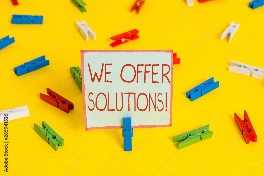 Conceptual hand writing showing We Offer Solutions. Concept meaning way to solve problem or deal with difficult situation Colored clothespin papers empty reminder yellow floor office Conceptual hand writing showing We Offer Solutions. Concept meaning way to solve problem or deal with difficult situation Colored clothespin papers empty reminder yellow floor office