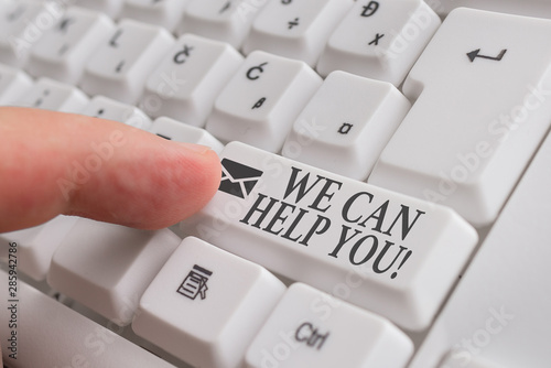 Word writing text We Can Help You. Business photo showcasing offering good assistance to customers or friends White pc keyboard with empty note paper above white background key copy space