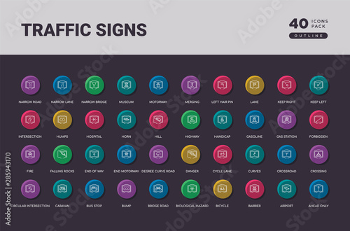 traffic signs concept 40 outline colorful round icons set