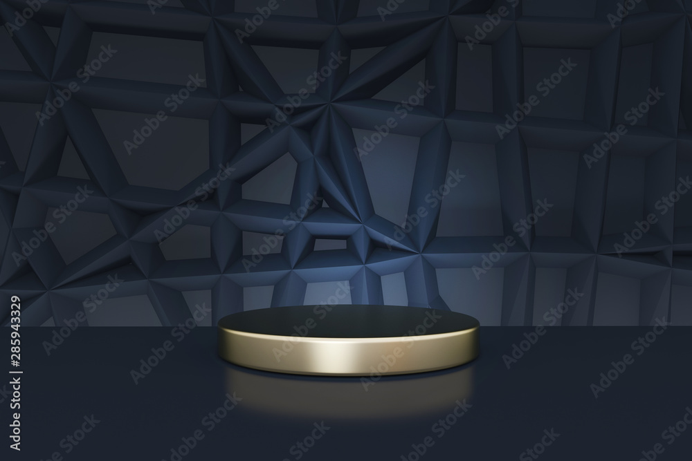 Beautiful luxury gold pedestal in geometry navy-black studio. Black and gold backgraund with podium for presentation. 3d rendering.
