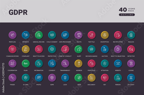 gdpr concept 40 outline colorful round icons set