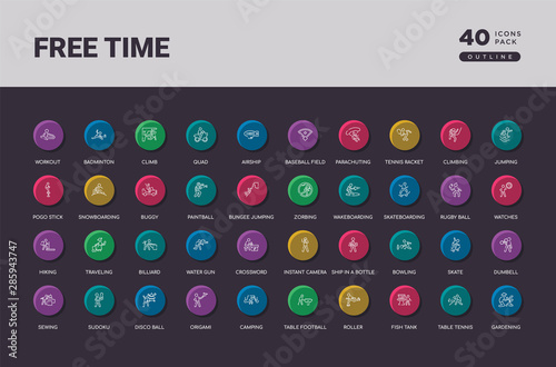free time concept 40 outline colorful round icons set