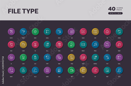 file type concept 40 outline colorful round icons set