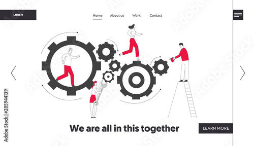 Time Concept Website Landing Page. Tiny Characters on Ladders with Repair Tools and Instruments Fixing Huge Mechanism Made of Gears and Cogwheels Web Page Banner. Cartoon Flat Vector Illustration