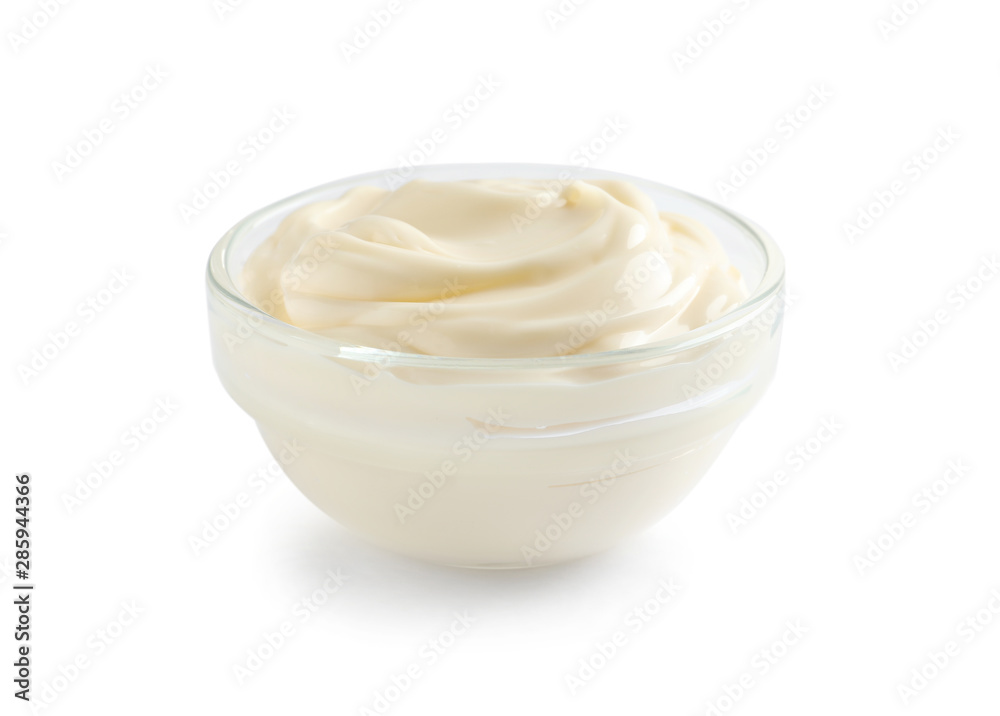 Delicious mayonnaise sauce in bowl on white background Delicious mayonnaise sauce in bowl on white background