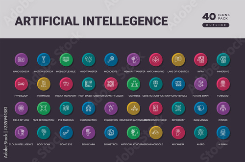 artificial intellegence concept 40 outline colorful round icons set