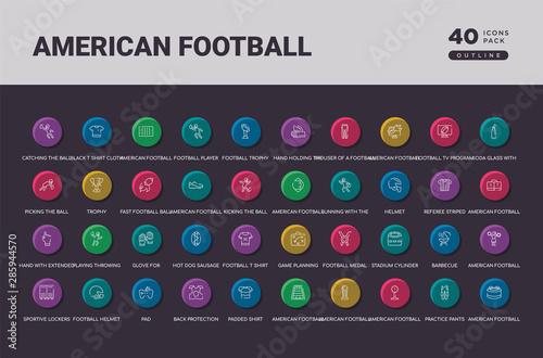 american football concept 40 outline colorful round icons set