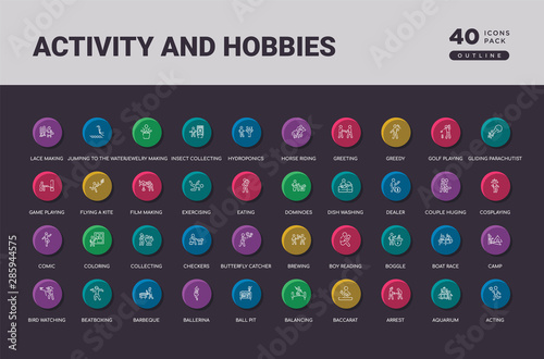 activity and hobbies concept 40 outline colorful round icons set
