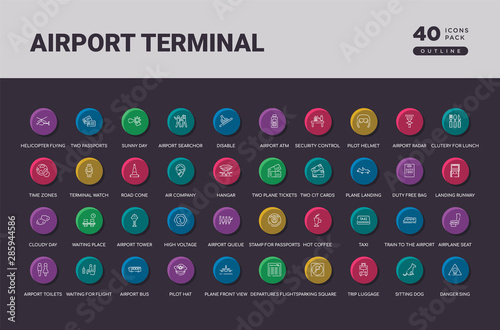 airport terminal concept 40 outline colorful round icons set