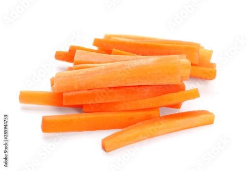 Pile of fresh carrot sticks isolated on white