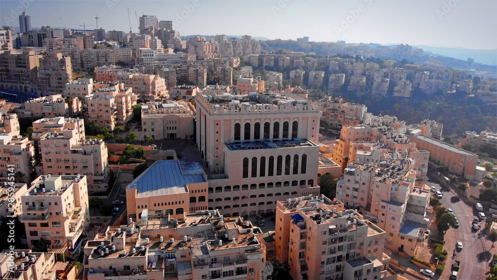 Jerusalem Belz Great Orthodox Synagogue Aerial view Drone footage over Large Orthodox synagogue in Jerusalem Israel