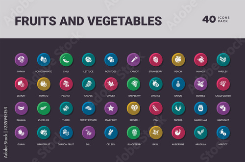 fruits and vegetables concept 40 colorful round icons set