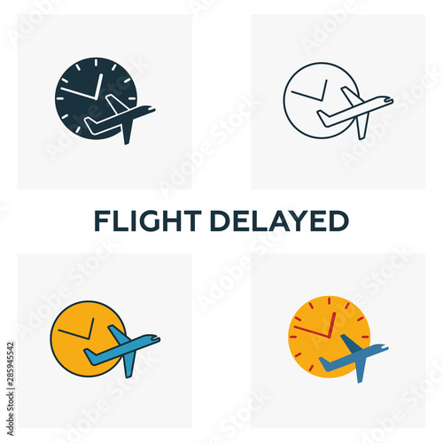 Flight Delayed icon set. Four elements in diferent styles from airport icons collection. Creative flight delayed icons filled, outline, colored and flat symbols