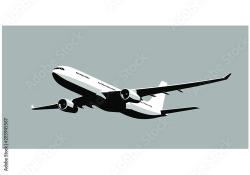 Flying airplane, takeoff airliner, commercial jet aircraft, airliner. Vector illustration.