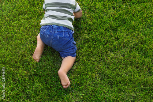 Adorable little baby crawling on green grass outdoors, closeup