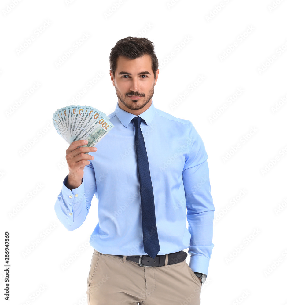 Handsome businessman with dollars on white background Handsome businessman with dollars on white background