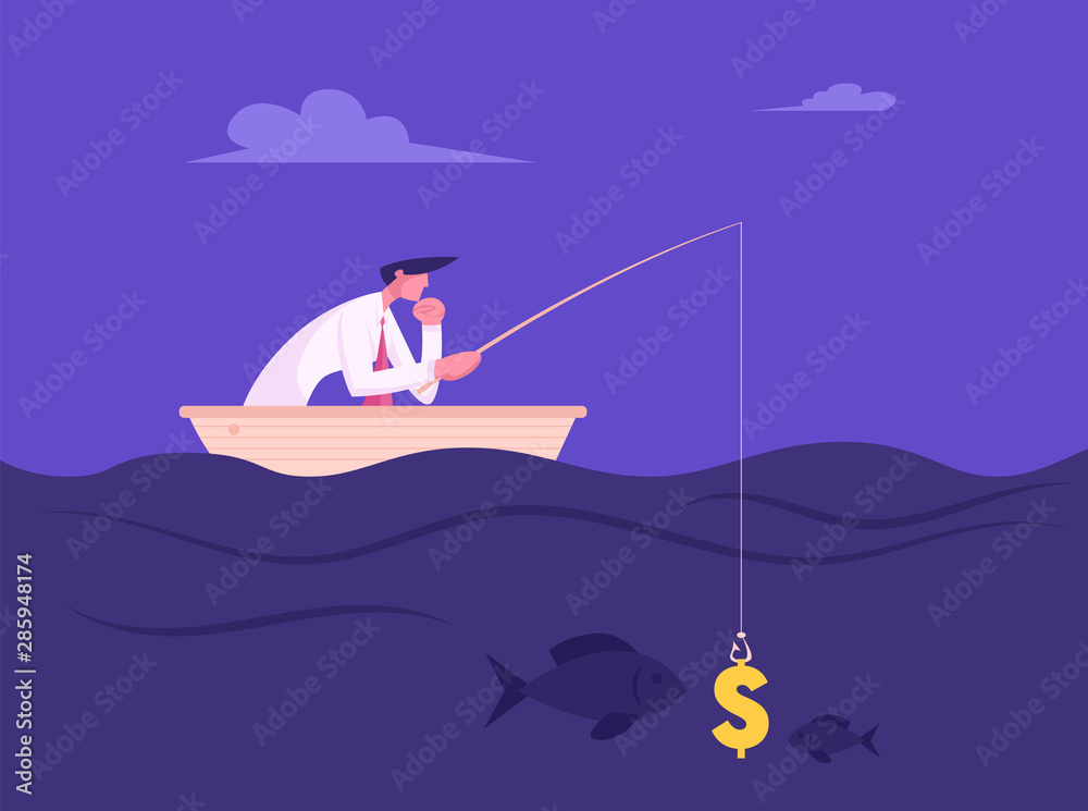 Business Man Fishing with Dollar Sign like Bait. Success Finance