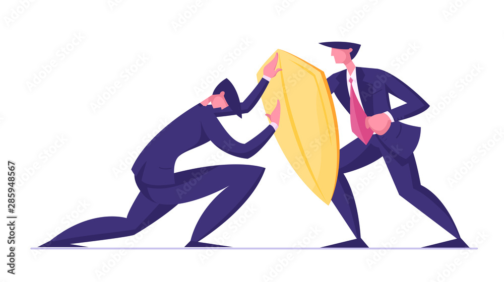 Businessman Trying to Overcome Resistance Attacking Man with Golden Shield. Business Protection, Onslaught and Confrontation Concept. Overcoming of Crisis Situation. Cartoon Flat Vector Illustration