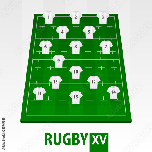 Rugby field with player position. Green Rugby 15 field.