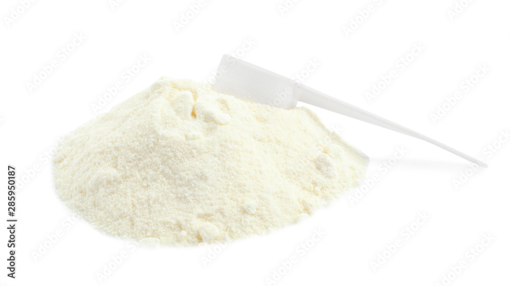 Pile of protein powder and scoop isolated on white