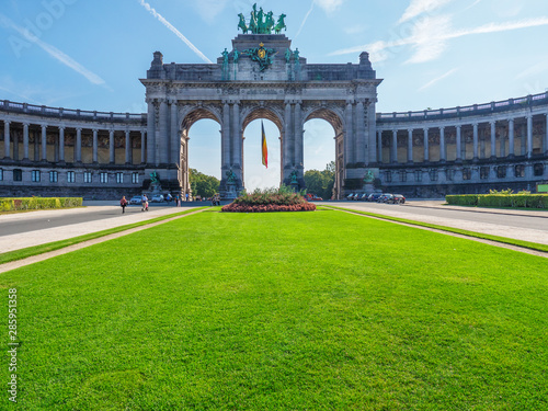 Arcade du Cinquantenaire monumental triple arch in the center of the Cinquantenaire park, Brussels, Belgium.