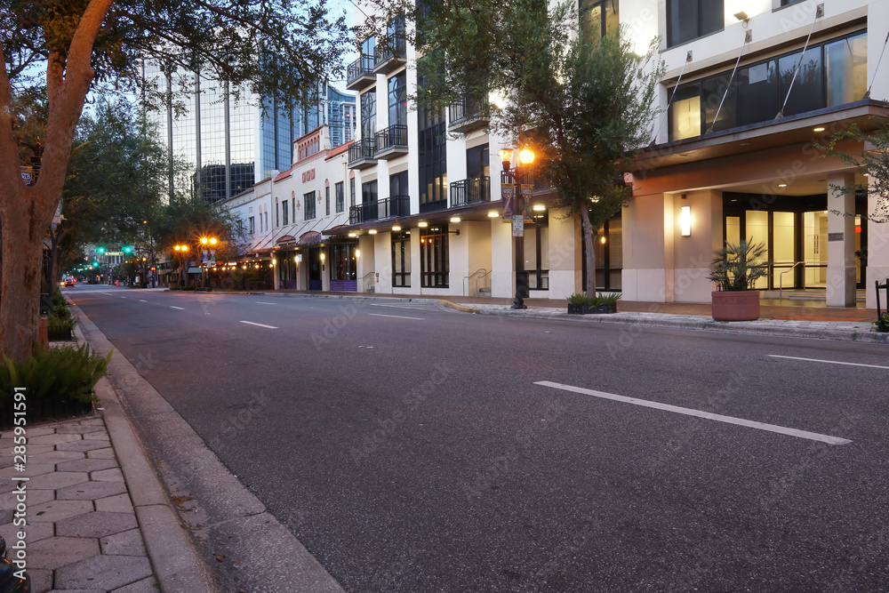 Early morning at downtown business district in Orlando Florida USA.with buildings .