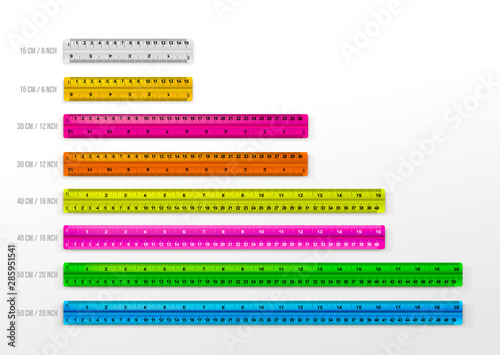 Set of 15, 30, 40cm and 50cm measure tape ruler school metric measurement. Colored metric ruler. Vector illustration. Isolated on white background.