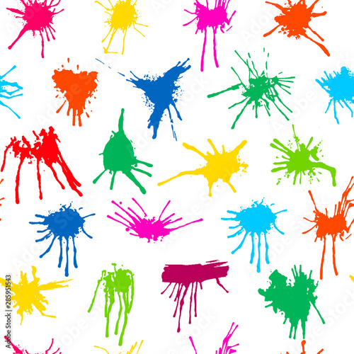 Seamless multicolor water drops on white background. Realistic watercolor splashes. Abstract paint splatter. Multicolor stain. Vector illustration. Isolated on white background.