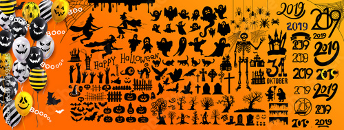 Set of halloween silhouettes 2019 black icon and character. Vector illustration. Isolated on yellow background.